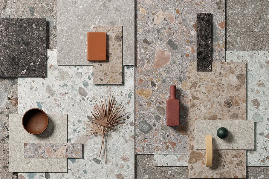 Graue Keramikfliesen in Steinoptik.