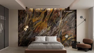 Akzentwand im Schlafzimmer mit bunten XXL-Natursteinfliesen